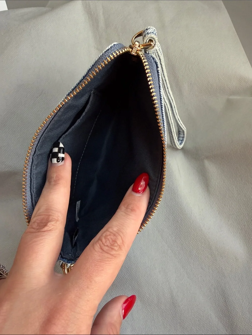 COACH Light Blue Denim Wristlet with Gold Hardware